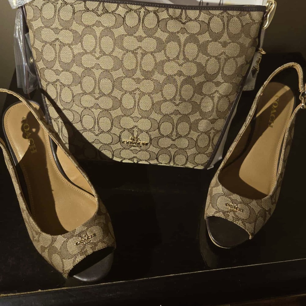 Coach Tan Peep-Toe Heels